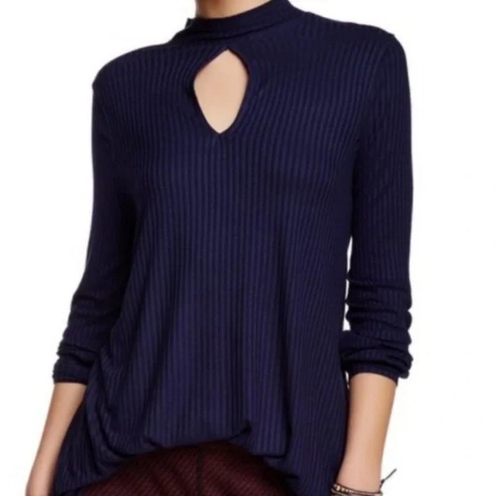 FREE PEOPLE | Navy Blue Copa Banana RIbbed Mock Neck Keyhole Tunic XS